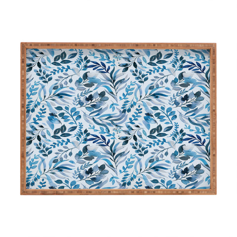 Ninola Design Watercolor Relax Blue Leaves Rectangular Tray