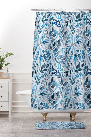 Ninola Design Watercolor Relax Blue Leaves Shower Curtain And Mat