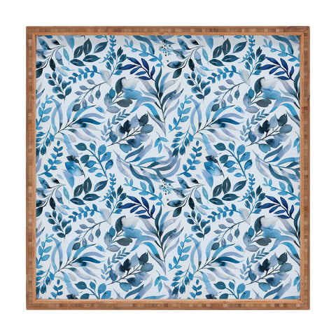 Ninola Design Watercolor Relax Blue Leaves Square Tray
