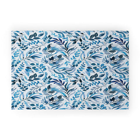 Ninola Design Watercolor Relax Blue Leaves Welcome Mat