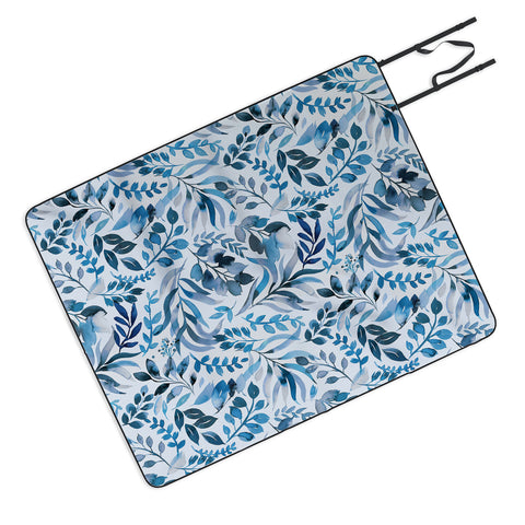 Ninola Design Watercolor Relax Blue Leaves Picnic Blanket