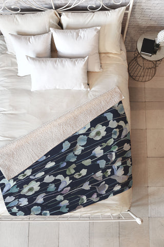 Ninola Design Watery Abstract Flowers Navy Fleece Throw Blanket