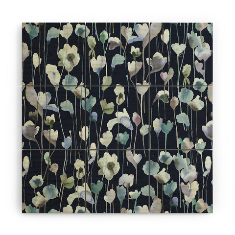 Ninola Design Watery Abstract Flowers Navy Wood Wall Mural