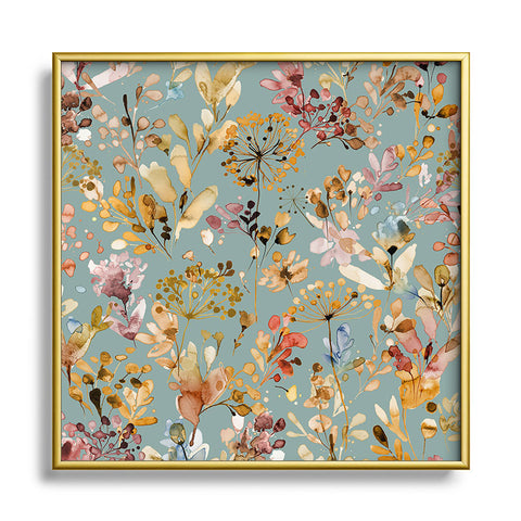 Ninola Design Wild Grasses Gold Teal Square Metal Framed Art Print