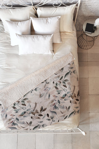 Ninola Design Winter Leaves Neutral Fleece Throw Blanket