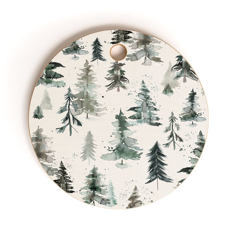 Ninola Design Winter Snow Trees Forest Neutral Cutting Board Round