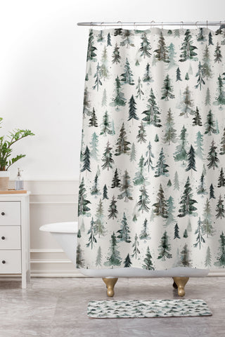 Ninola Design Winter Snow Trees Forest Neutral Shower Curtain And Mat