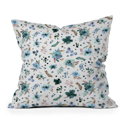 Ninola Design Wintery Floral Calm Sky Blue Outdoor Throw Pillow