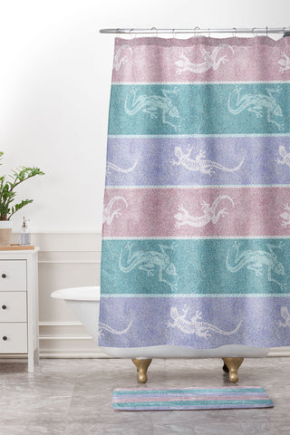 Patricia Pastel Gecko Velvet Stripes Shower Curtain And Mat