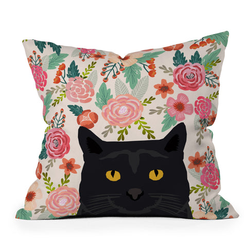 Petfriendly Black Cat florals spring Outdoor Throw Pillow