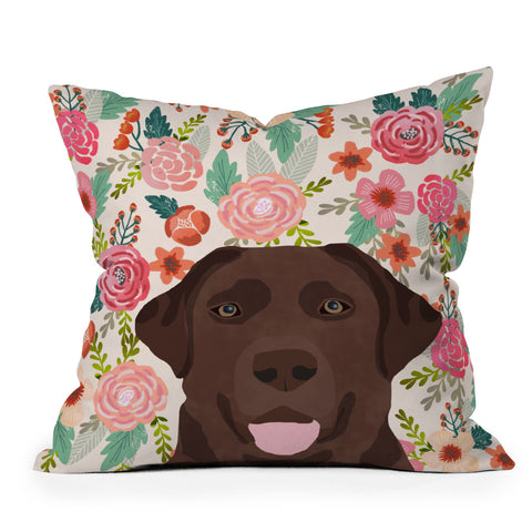 Petfriendly Chocolate Lab florals dog breed Outdoor Throw Pillow