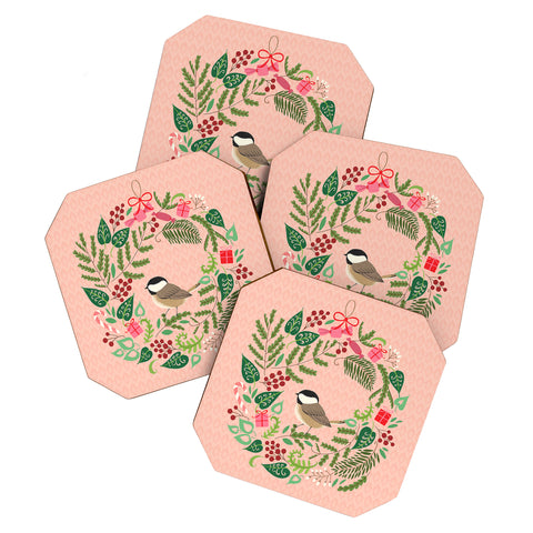 Pimlada Phuapradit bird and christmas wreath Coaster Set