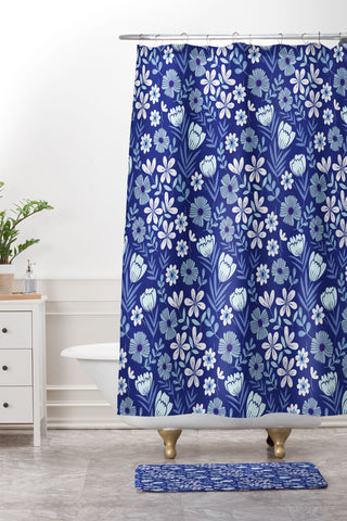 Pimlada Phuapradit Blue and White Floral 2471 Shower Curtain And Mat