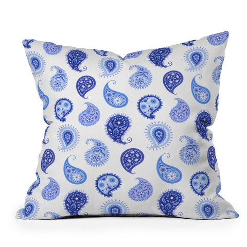 Pimlada Phuapradit Blue and White Paisley Outdoor Throw Pillow
