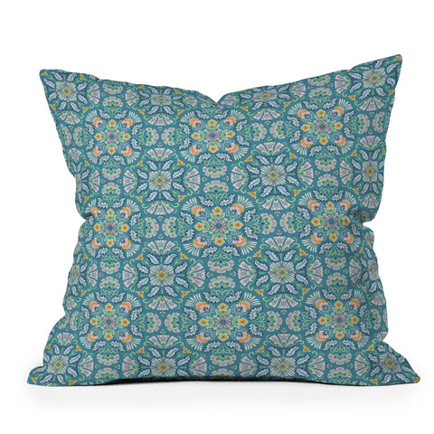 Pimlada Phuapradit Bohemian bloom teal Outdoor Throw Pillow