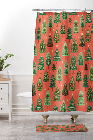 Pimlada Phuapradit Christmas Trees red Shower Curtain And Mat