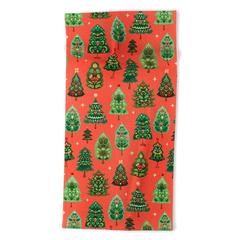 Pimlada Phuapradit Christmas Trees red Beach Towel