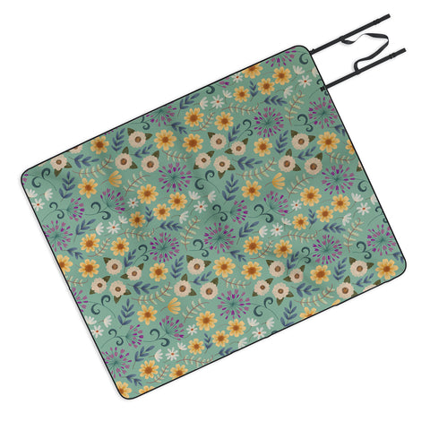Pimlada Phuapradit Ditsy Floral Blue Green Picnic Blanket