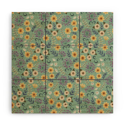 Pimlada Phuapradit Ditsy Floral Blue Green Wood Wall Mural