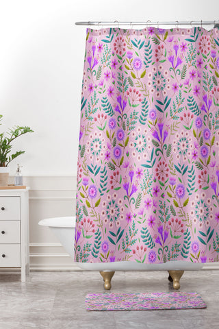 Pimlada Phuapradit Ditsy Purple Floral Half Drop Shower Curtain And Mat