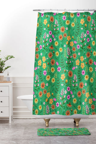 Pimlada Phuapradit Ditsy Spring Floral Green Shower Curtain And Mat