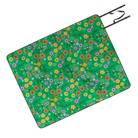 Pimlada Phuapradit Ditsy Spring Floral Green Picnic Blanket