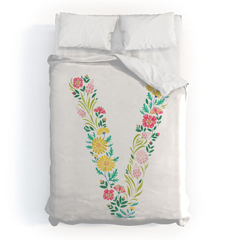 Pimlada Phuapradit Floral Alphabet V Duvet Cover
