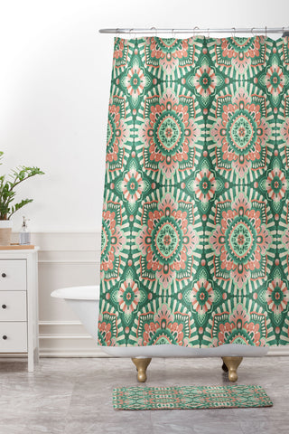 Pimlada Phuapradit Floral Mandala Tiles Green Shower Curtain And Mat