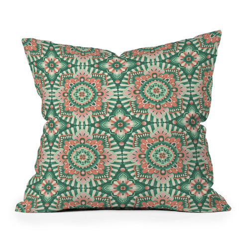 Pimlada Phuapradit Floral Mandala Tiles Green Throw Pillow