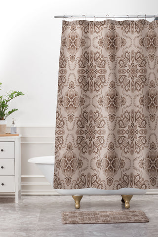 Pimlada Phuapradit Floral Tiles Light Brown Shower Curtain And Mat