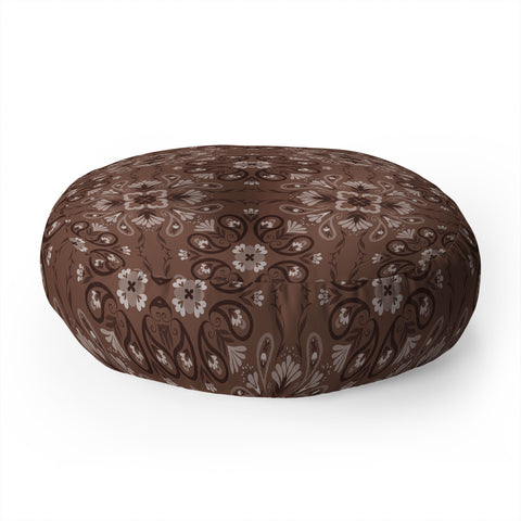Pimlada Phuapradit Paisley Floral Tiles Brown Floor Pillow Round