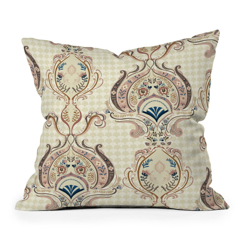 Pimlada Phuapradit Pink and Off white Floral Damasks Outdoor Throw Pillow