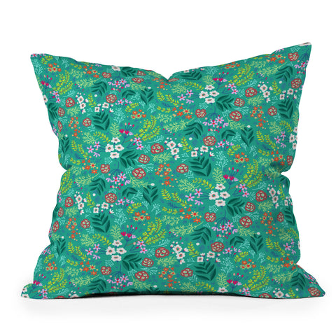 Pimlada Phuapradit Tiny Floral Teal Outdoor Throw Pillow
