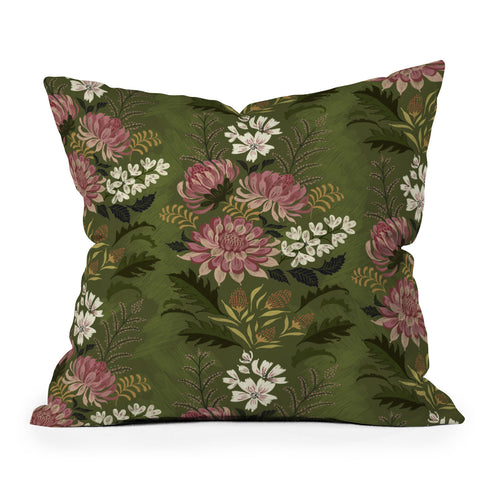 Pimlada Phuapradit Wildflowers Olive green Outdoor Throw Pillow