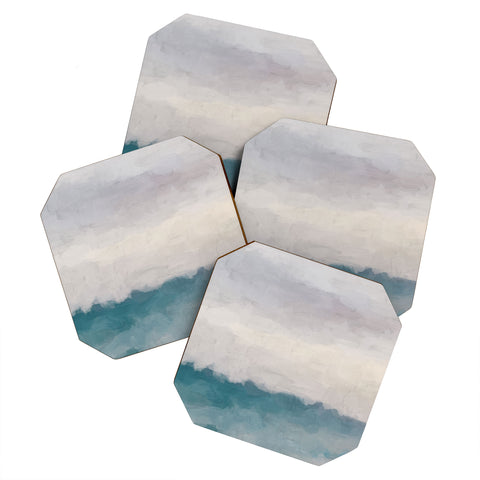 Rachel Elise Lavender Purple Sunset Teal Aqua Blue Ocean Waves Abstract Nature Painting Coaster Set