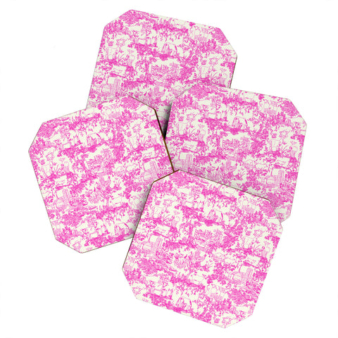 Rachelle Roberts Farm Land Toile In Pink Coaster Set