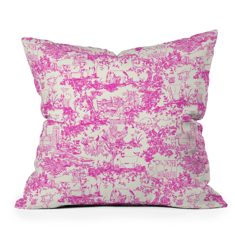 Rachelle Roberts Farm Land Toile In Pink Outdoor Throw Pillow
