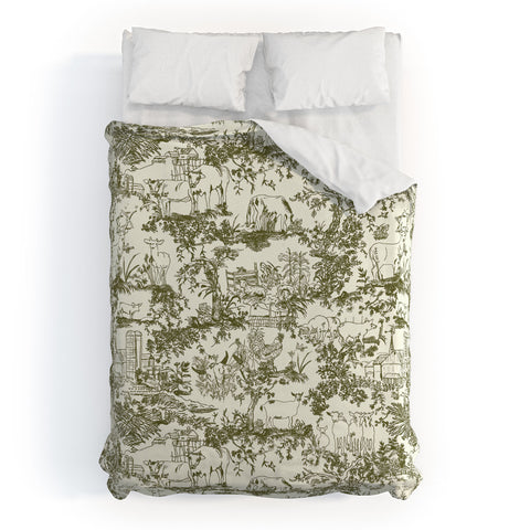 Rachelle Roberts Farm Land Toile In Vintage Green Duvet Cover