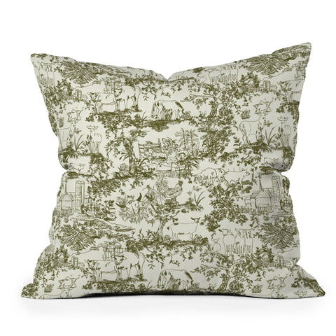 Rachelle Roberts Farm Land Toile In Vintage Green Outdoor Throw Pillow