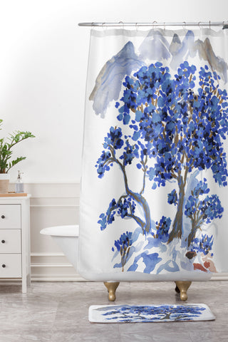 Rachelle Roberts Misty Blue Mountain Shower Curtain And Mat