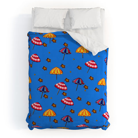 Renie Britenbucher Beach Umbrellas And Starfish Blue Duvet Cover
