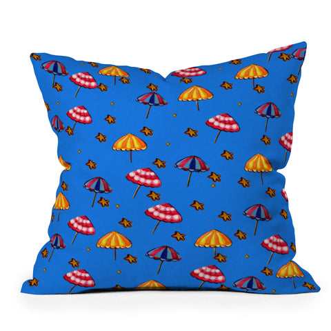 Renie Britenbucher Beach Umbrellas And Starfish Blue Outdoor Throw Pillow