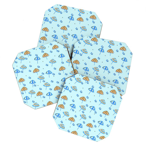 Renie Britenbucher Beach Umbrellas And Starfish Light Blue Coaster Set