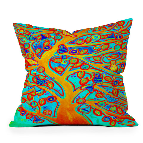 Renie Britenbucher Bird Tree Red Turquoise Outdoor Throw Pillow