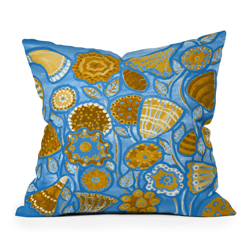 Renie Britenbucher Funky Flowers Tan Blue Outdoor Throw Pillow