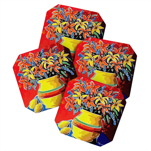 Renie Britenbucher Stylized Lillies And Lemons Coaster Set