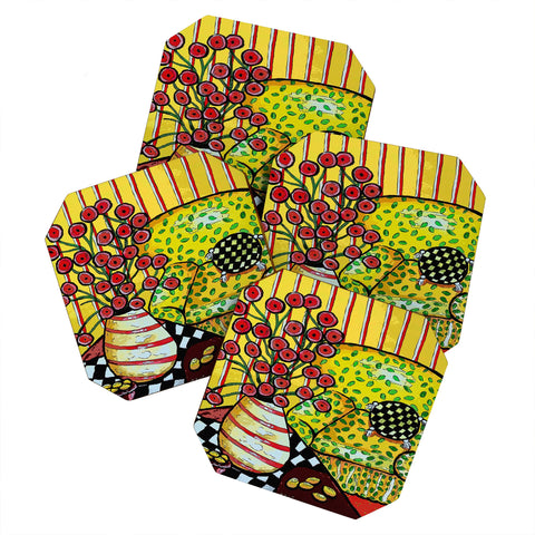 Renie Britenbucher Yellow Chair With Red Poppies Coaster Set