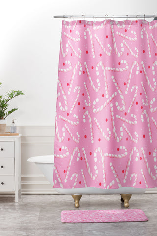 RosebudStudio Pink Candycanes Shower Curtain And Mat