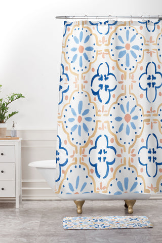 Sabina Fenn Illustration Blue Tiles Shower Curtain And Mat