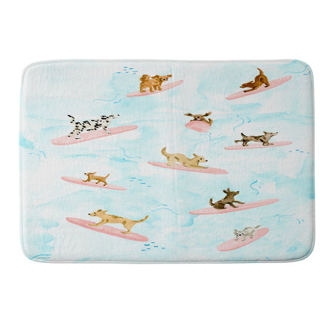Sabina Fenn Illustration Dogs Surfing Blue Memory Foam Bath Mat